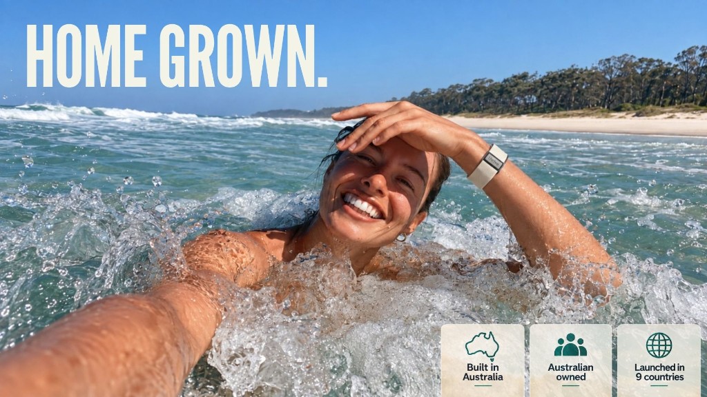 Home grown. A woman swimming in the ocean wearing a Thrive band. Built in Australia, Australian owned, launched in 9 countries.