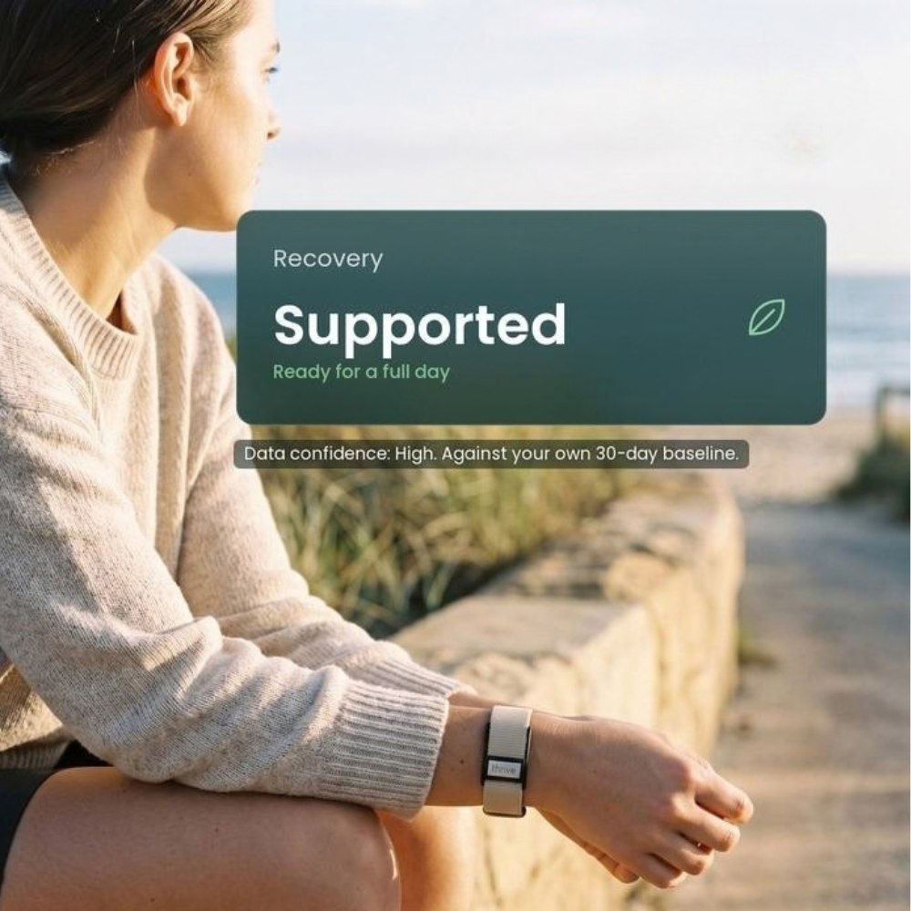 A woman wearing a Thrive band by the coast, with a recovery reading of Supported